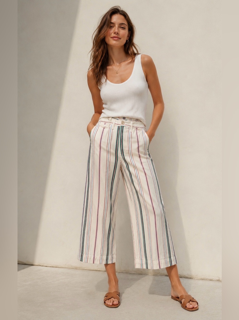 Madewell Striped Wide Leg Crop Pants Size 28 Ivory Pink Teal High Rise Culotte